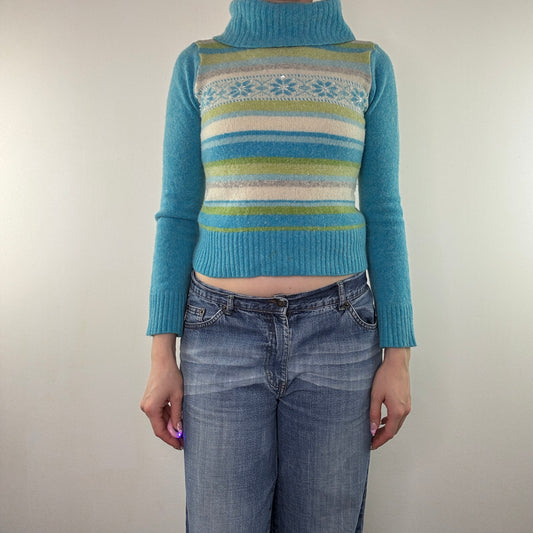 Y2K vintage stripe turtleneck jumper roll neck winter sequin snowflake short