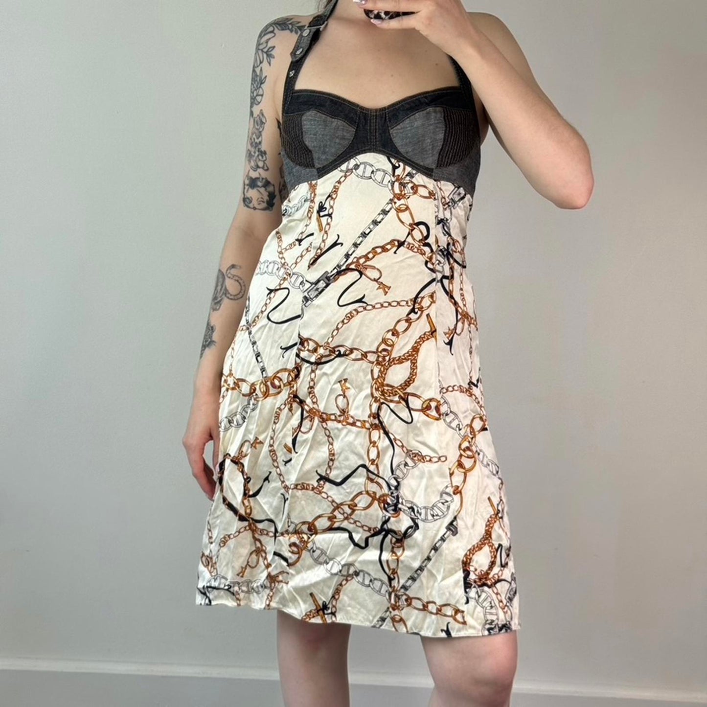 Y2K vintage Karen Millen silk denim midi dress halter neck a line chain pattern