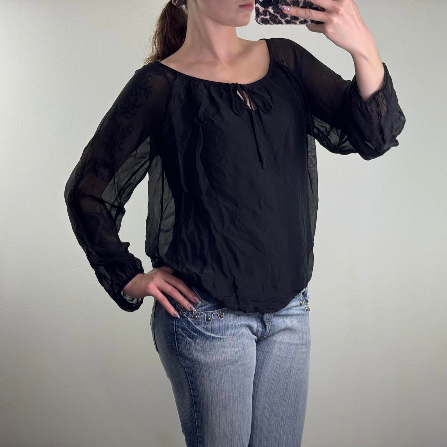 Y2K vintage 100% silk double layered long sleeve top slouchy bow keyhole