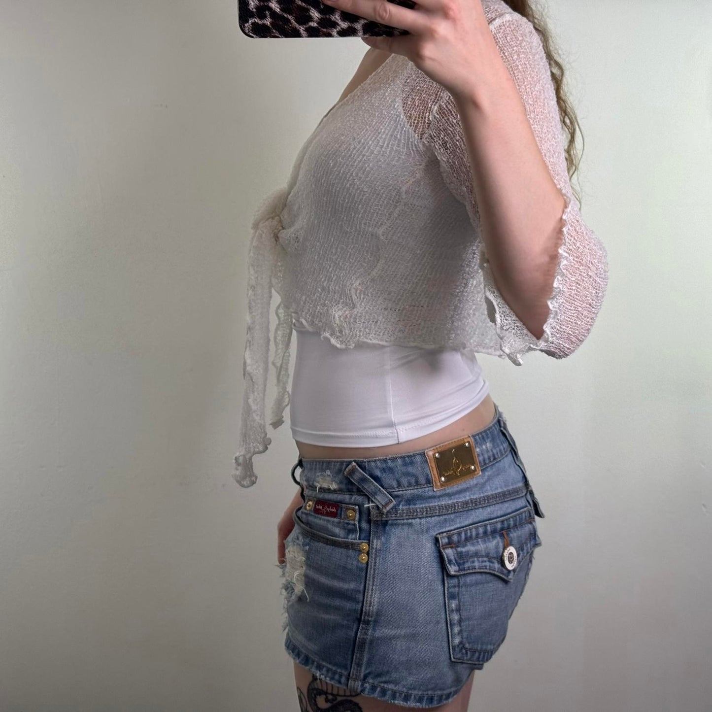 Y2K vintage fine knit shrug cardigan tie front bow 3/4 sleeve sheer cover up