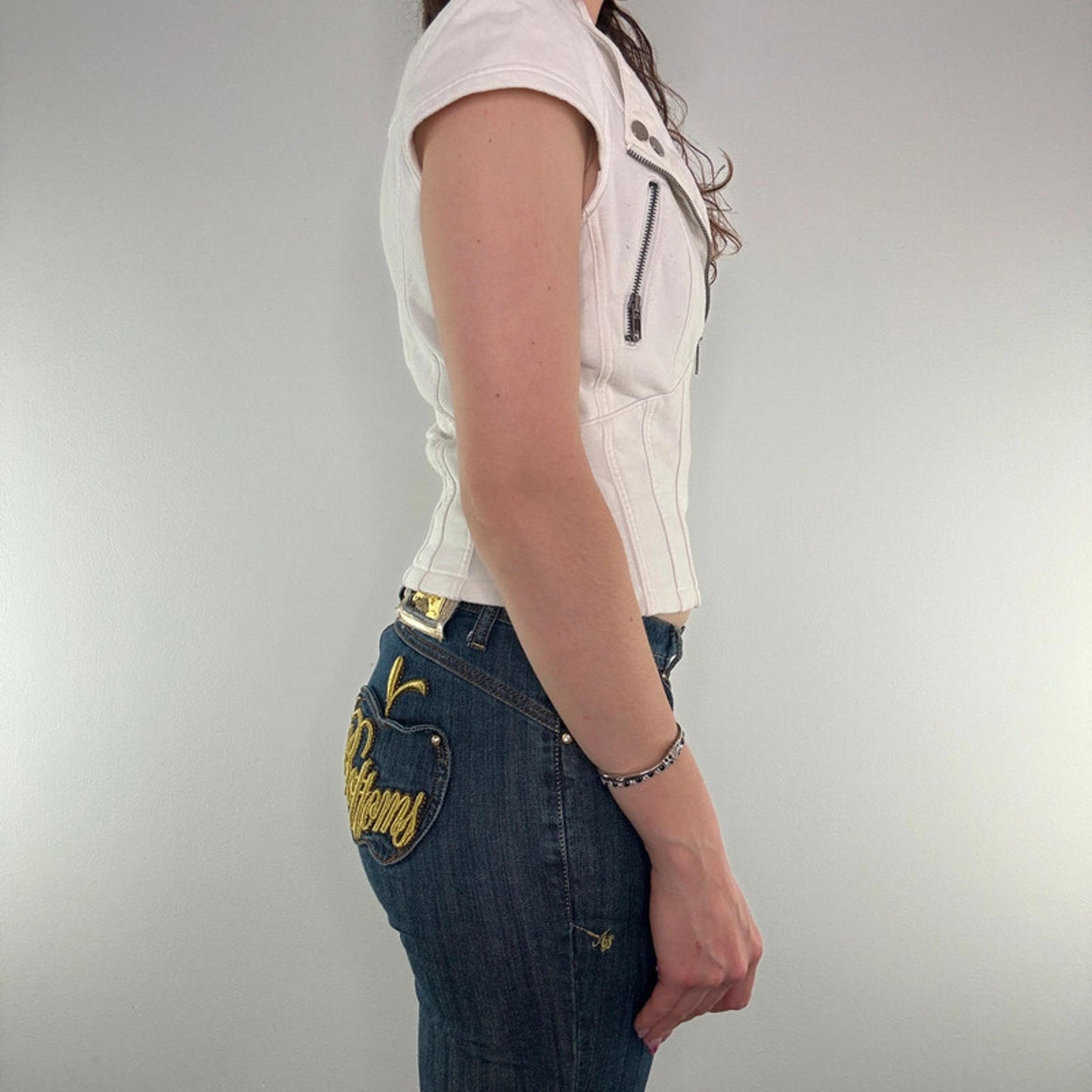 Y2K vintage Jane Norman zip up cap short sleeve jacket v neck zipper fitted