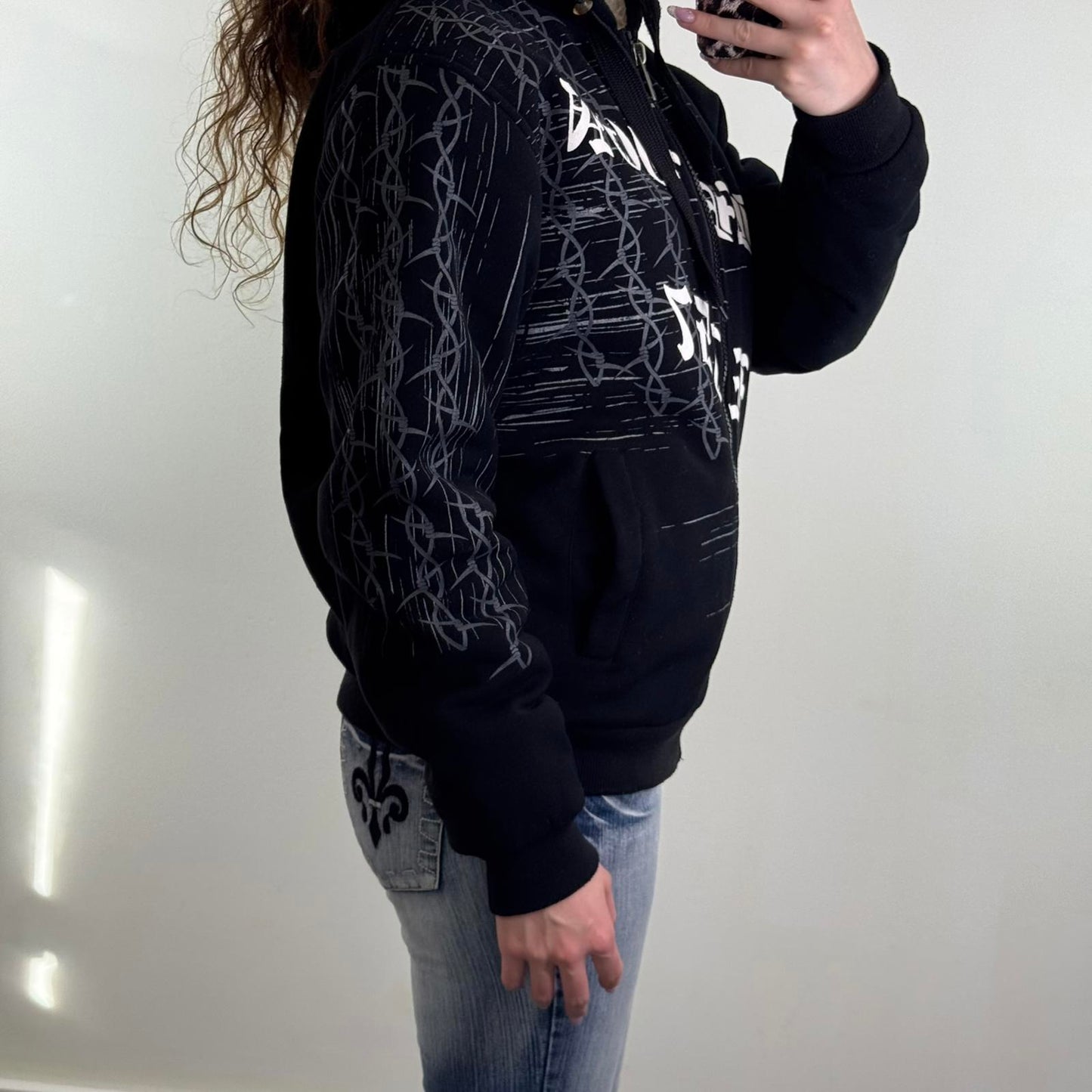 90s Y2K vintage faux fur lined zip up thick hoodie tribal text oversized chunky