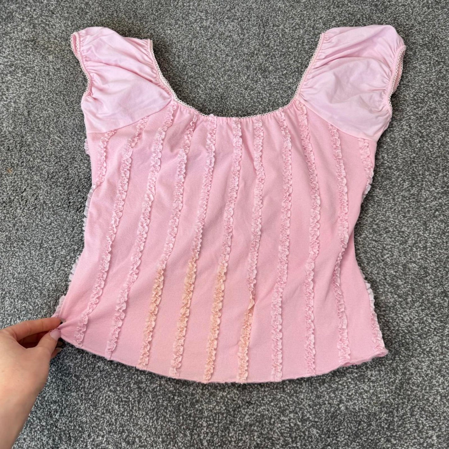 Y2K vintage off the shoulder puff sleeve ruffle piping princess coquette top