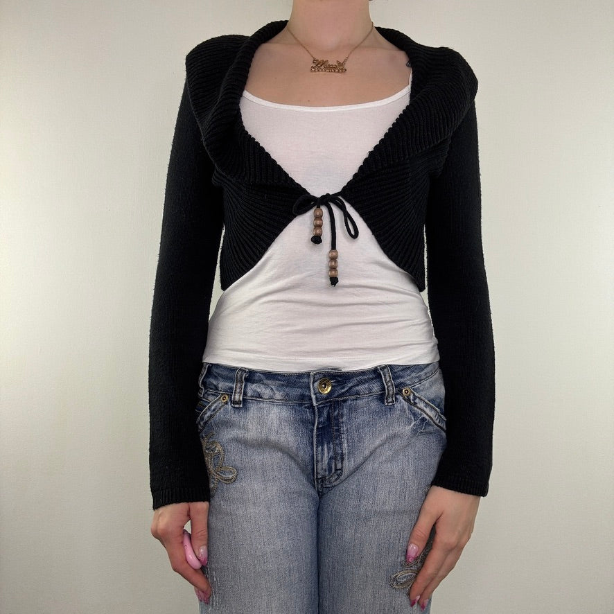 Y2K vintage cropped cardigan knit collared beaded long sleeve tie front bow