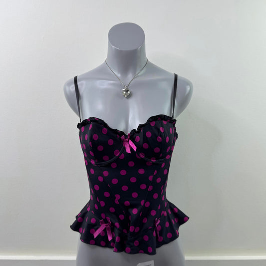 Y2K vintage polka dot corset top strapless black pink frilly hem ruffle spotty