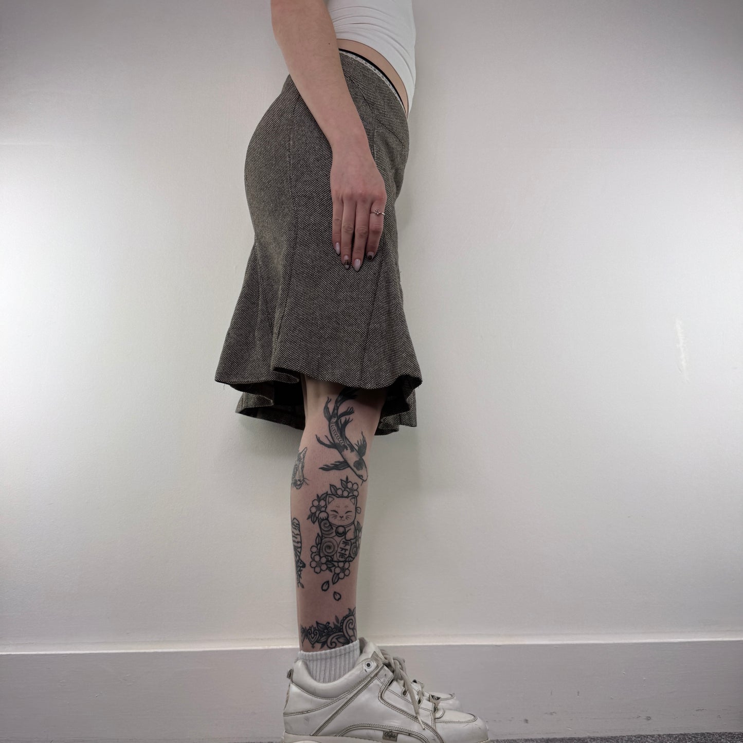 Y2K vintage tweed lace trim midi skirt