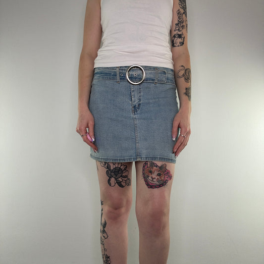 Y2K denim belted mini skirt