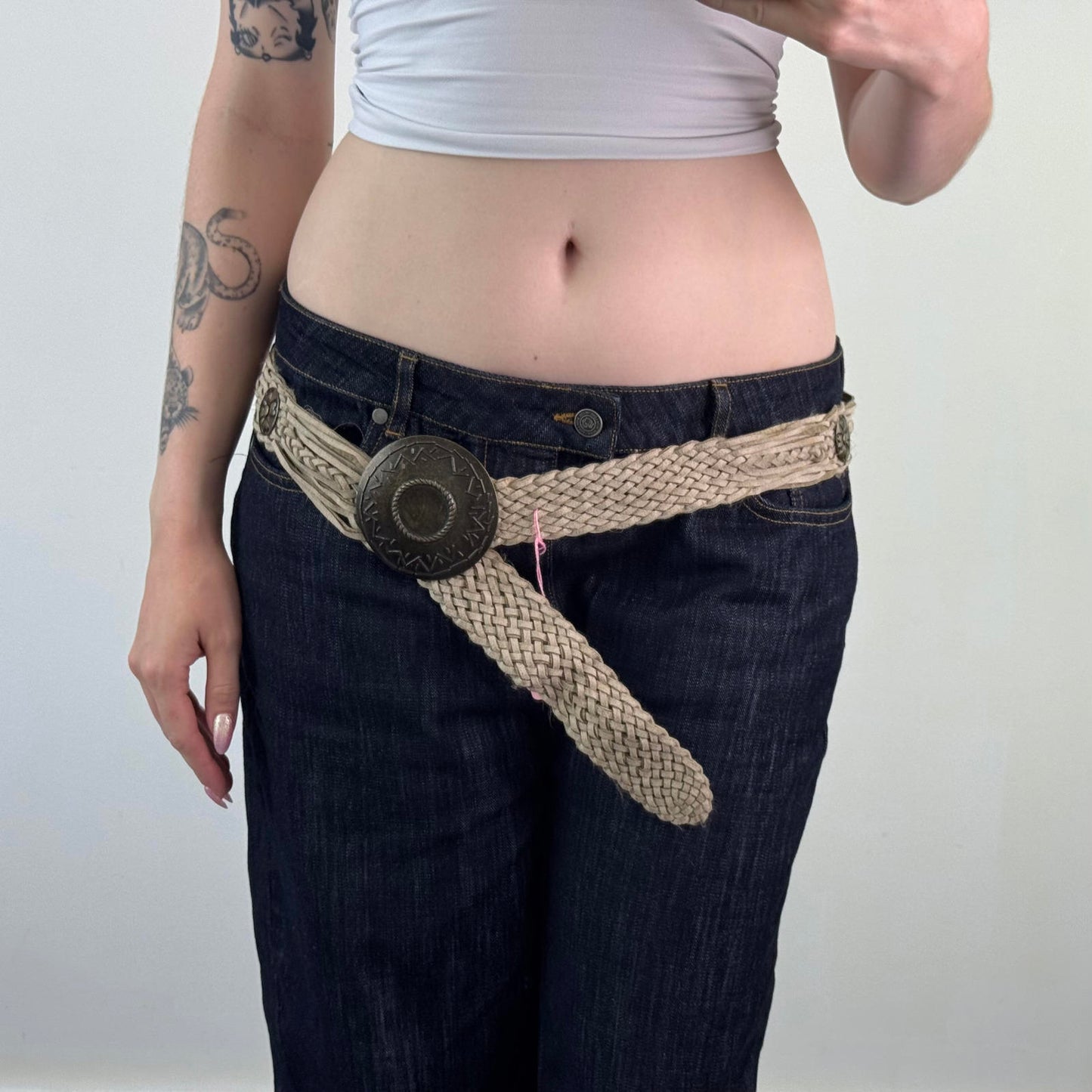 Y2K vintage woven braided disc belt buckle beige clover