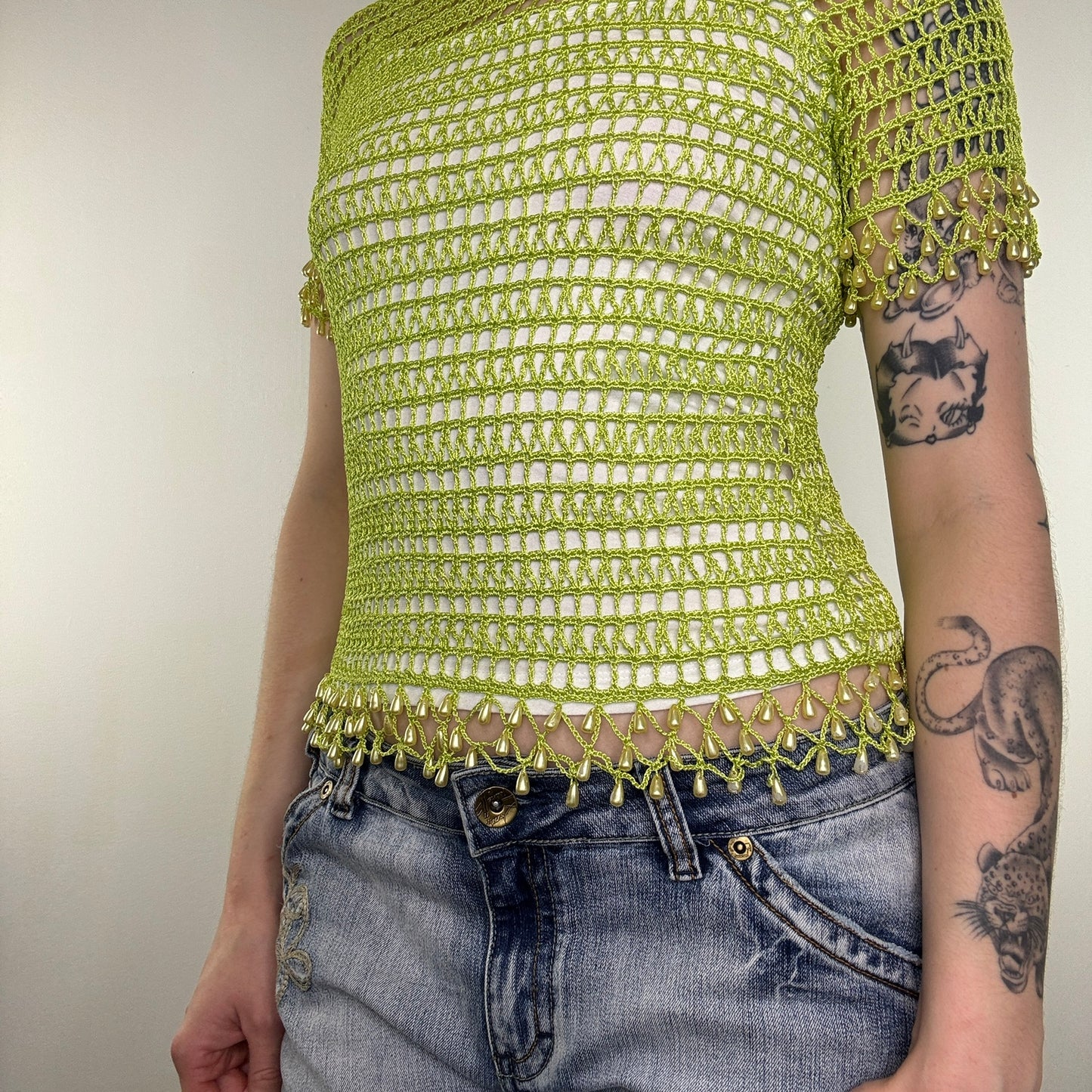 Y2K vintage crochet top lime green faux pearl beads summer cover up layering