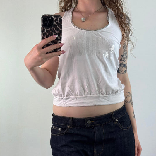 Y2K vintage cropped sequin rhinestone tank top touch slogan ruched racer back
