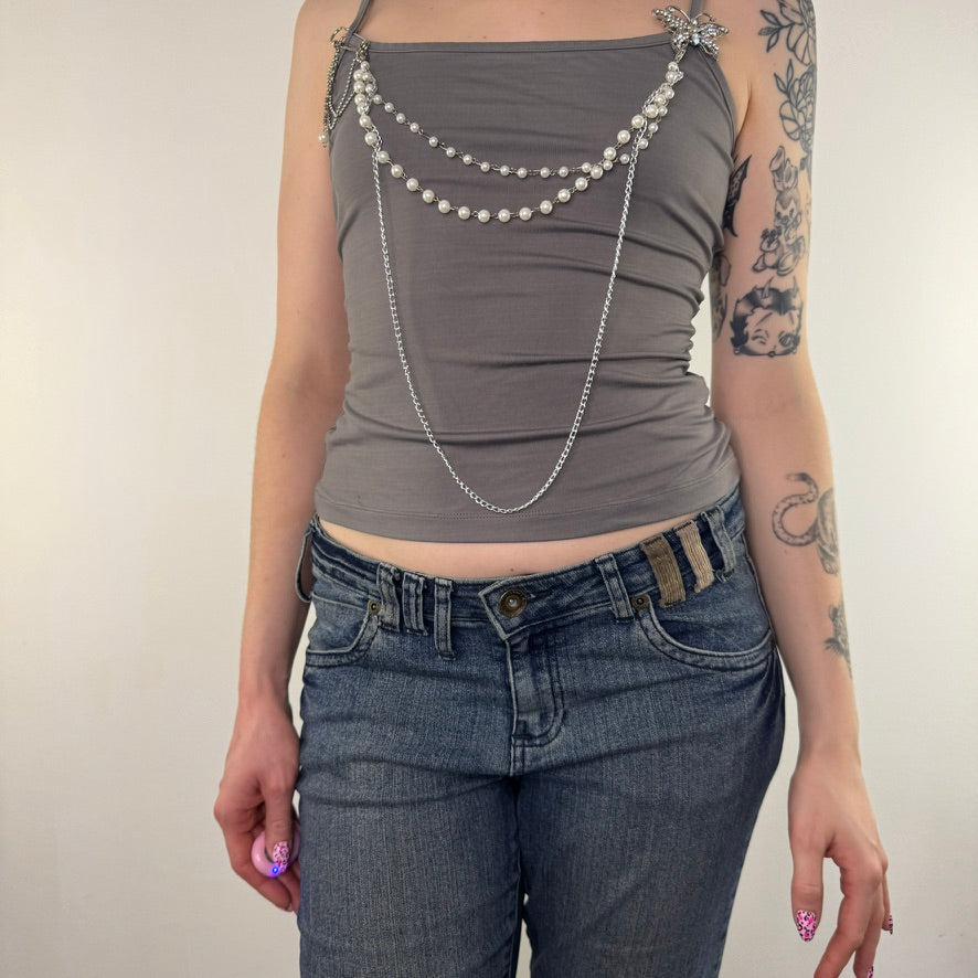 Y2K vintage grey slinky cami top with chain beads