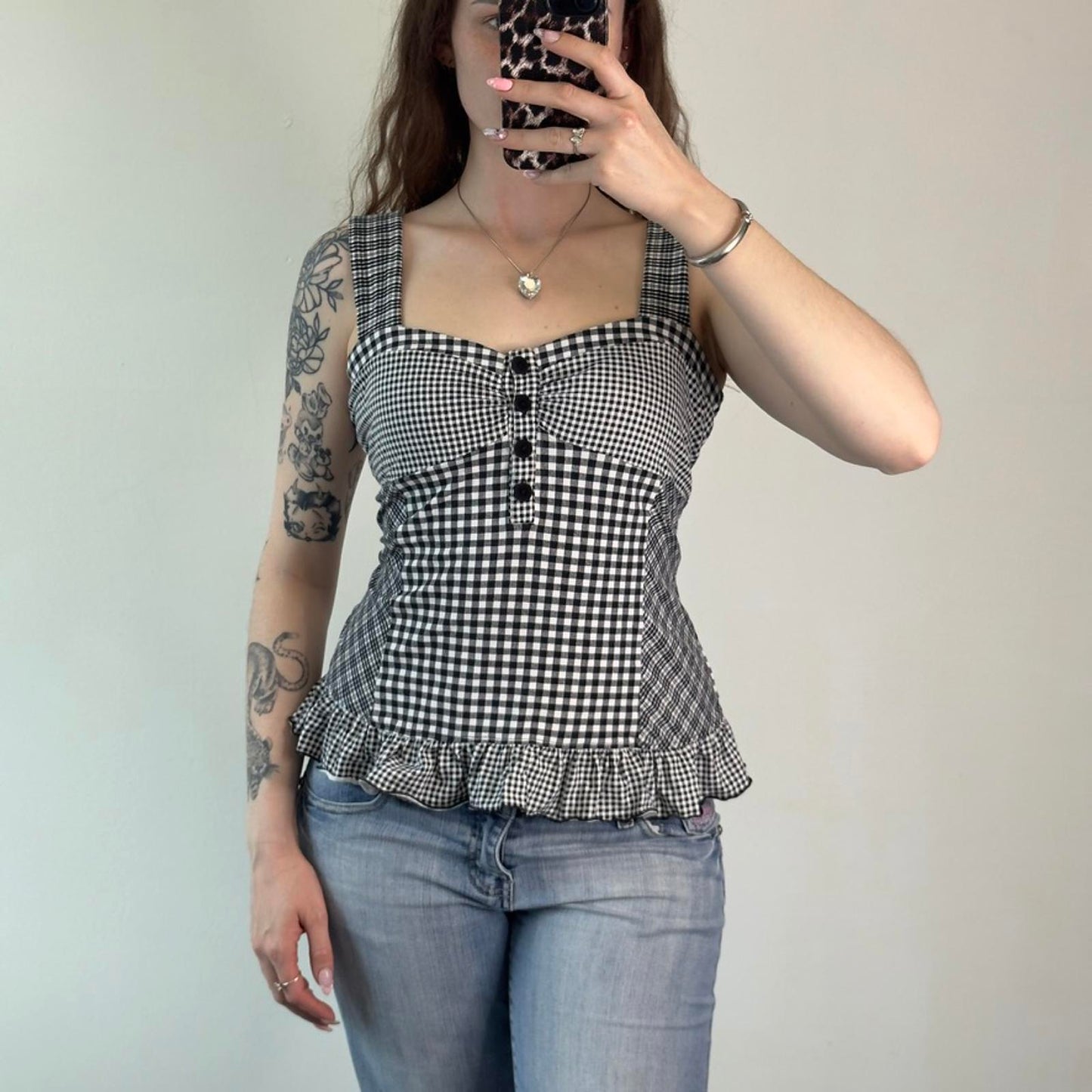 Y2K vintage gingham tartan frilly tank top lace up detail sweetheart neck