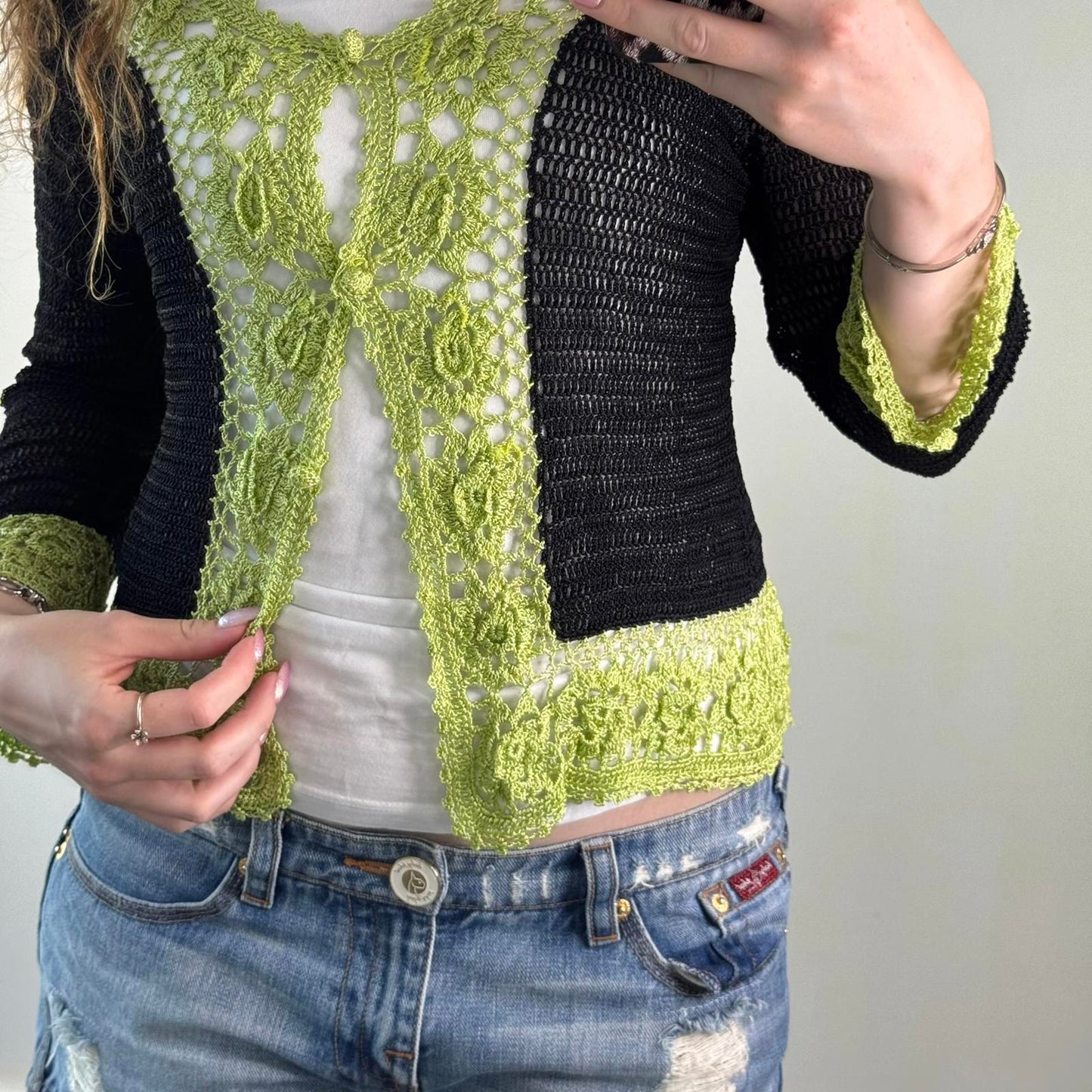 Y2K vintage crochet button up cardigan black green v neck floral pattern sheer