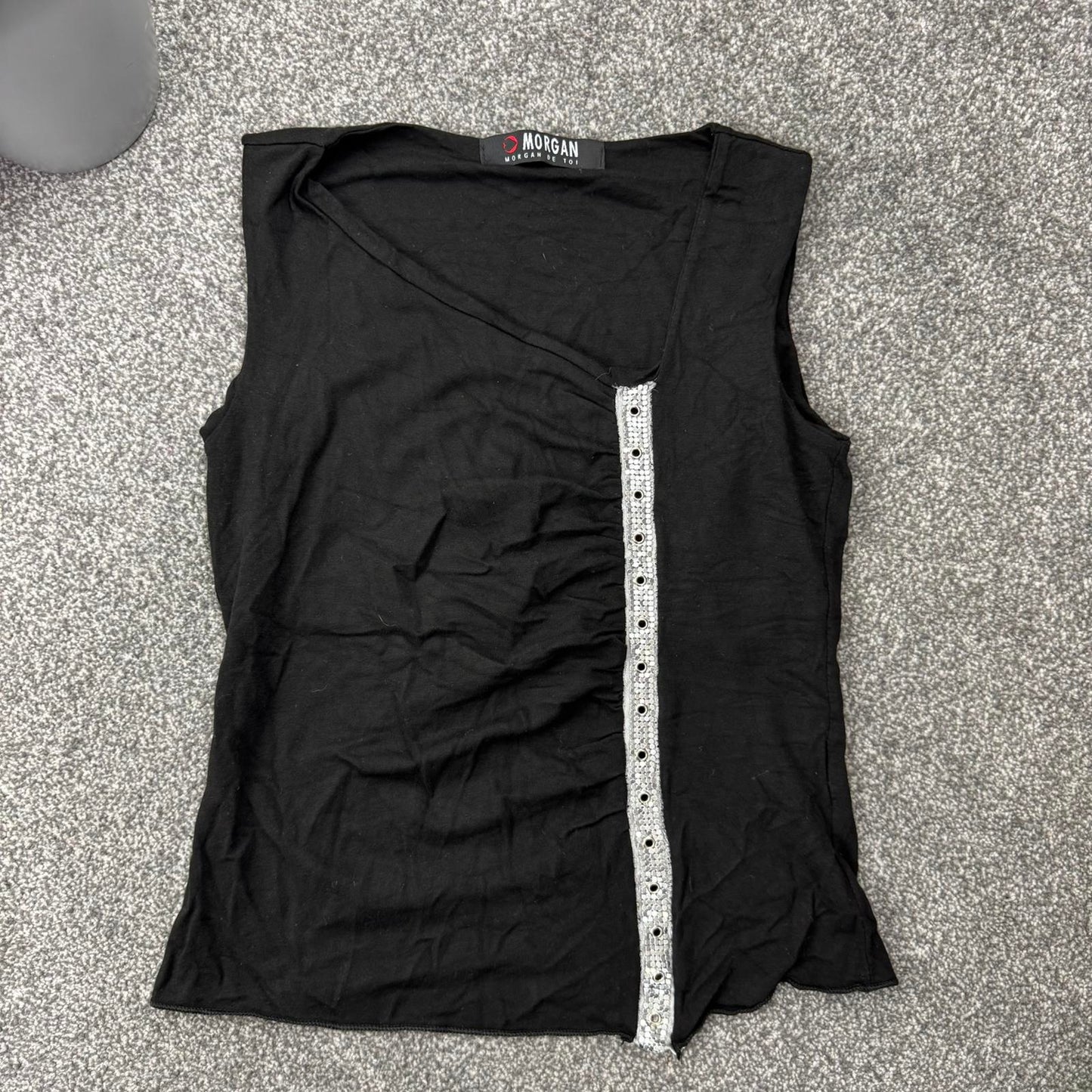 Y2K vintage Morgan De Toi tank top asymmetrical neckline ruched silver