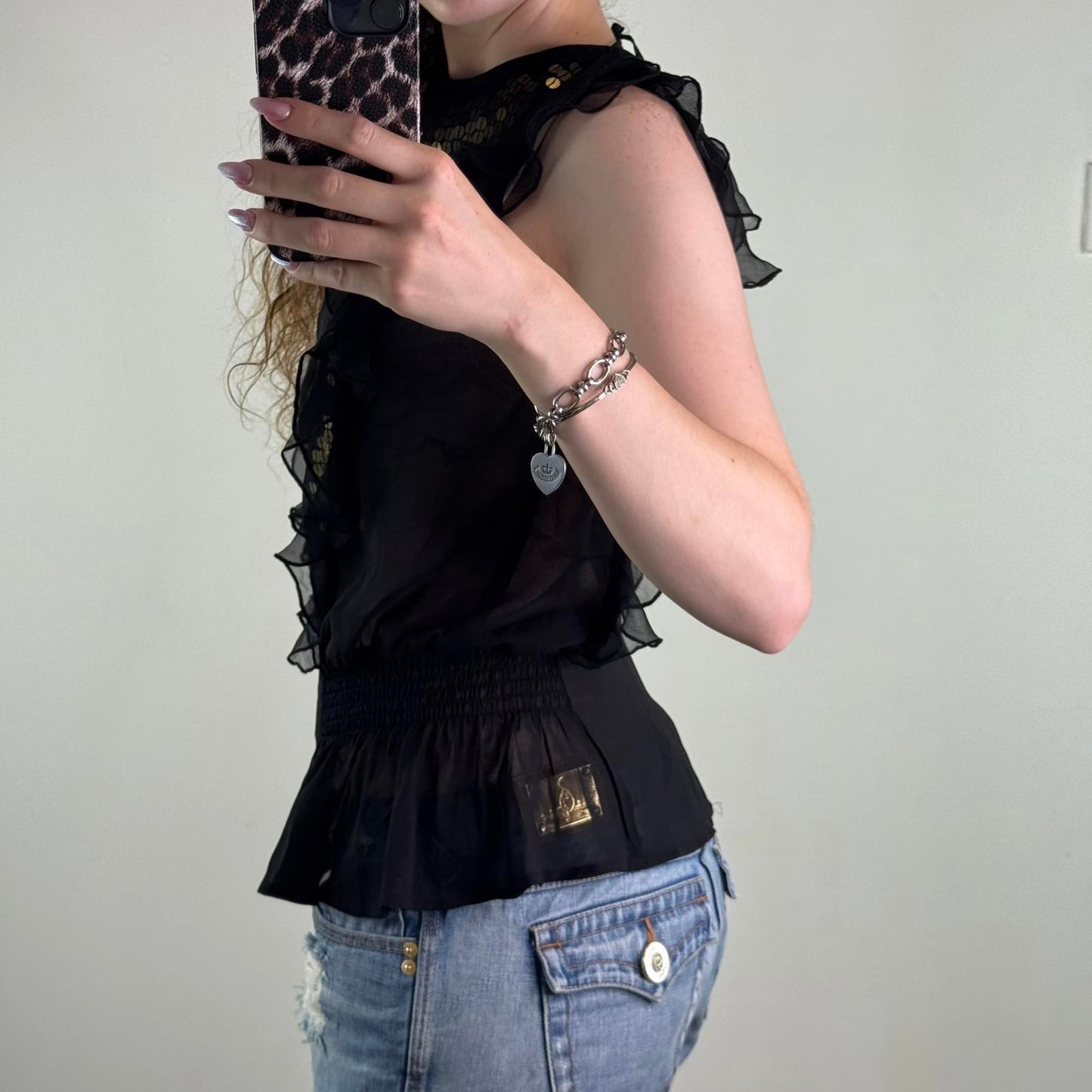 Y2K vintage sheer sequin top frill gold embellished open back bow black party