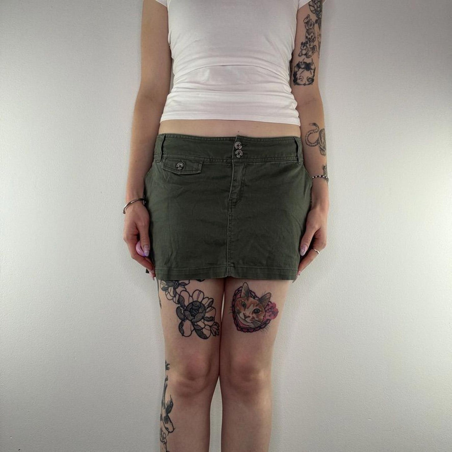 Y2K vintage low rise mini skirt stretchy cargo khaki short denim buttons