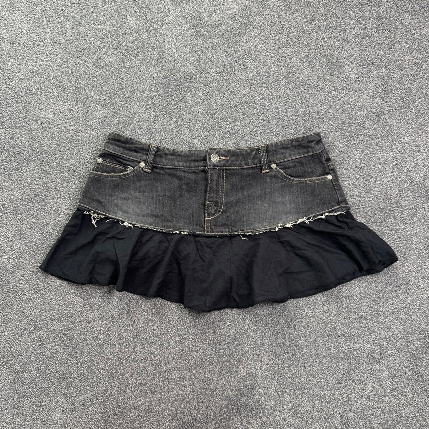 Y2K low rise frilly denim mini skirt