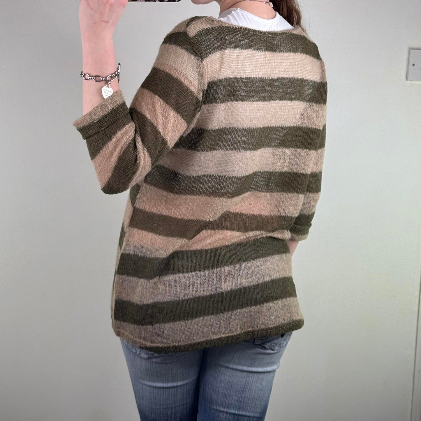 Y2K vintage fine knit stripe 3/4 sleeve top round neckline khaki sheer knitted