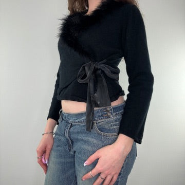 Y2K feather trim bow wool cardigan