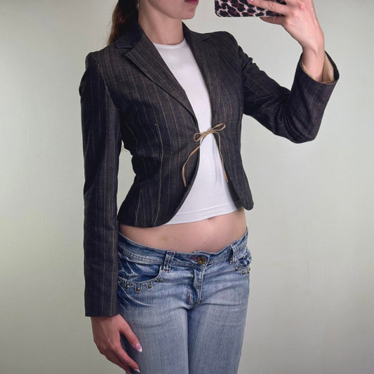 Y2K vintage pinstripe crop blazer bow open front shoulder pads tailored office