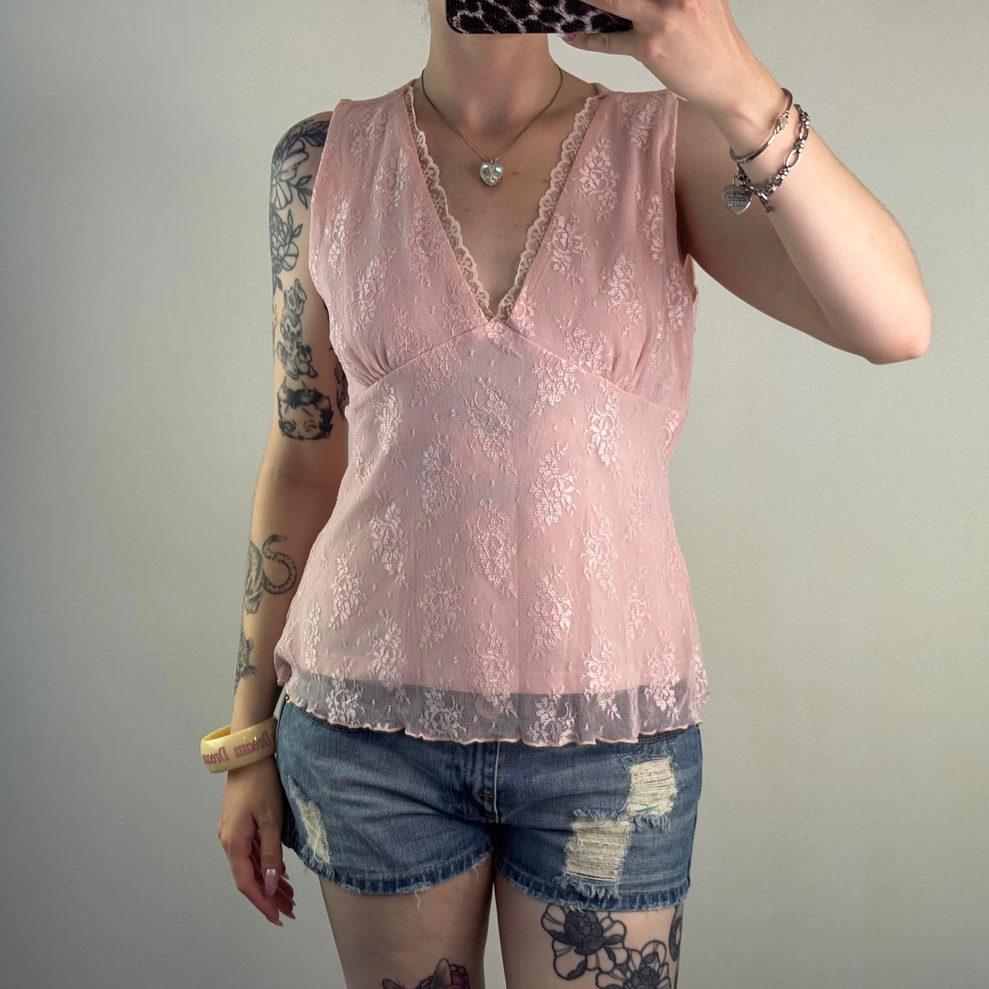 Y2K vintage lace mesh overlay tank top v neck frill trim baby pink stretchy