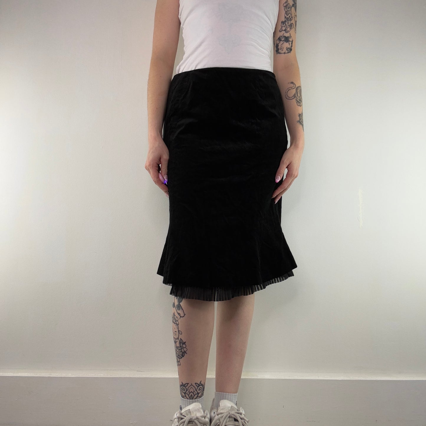 Y2K vintage velvet pleated trim midi skirt