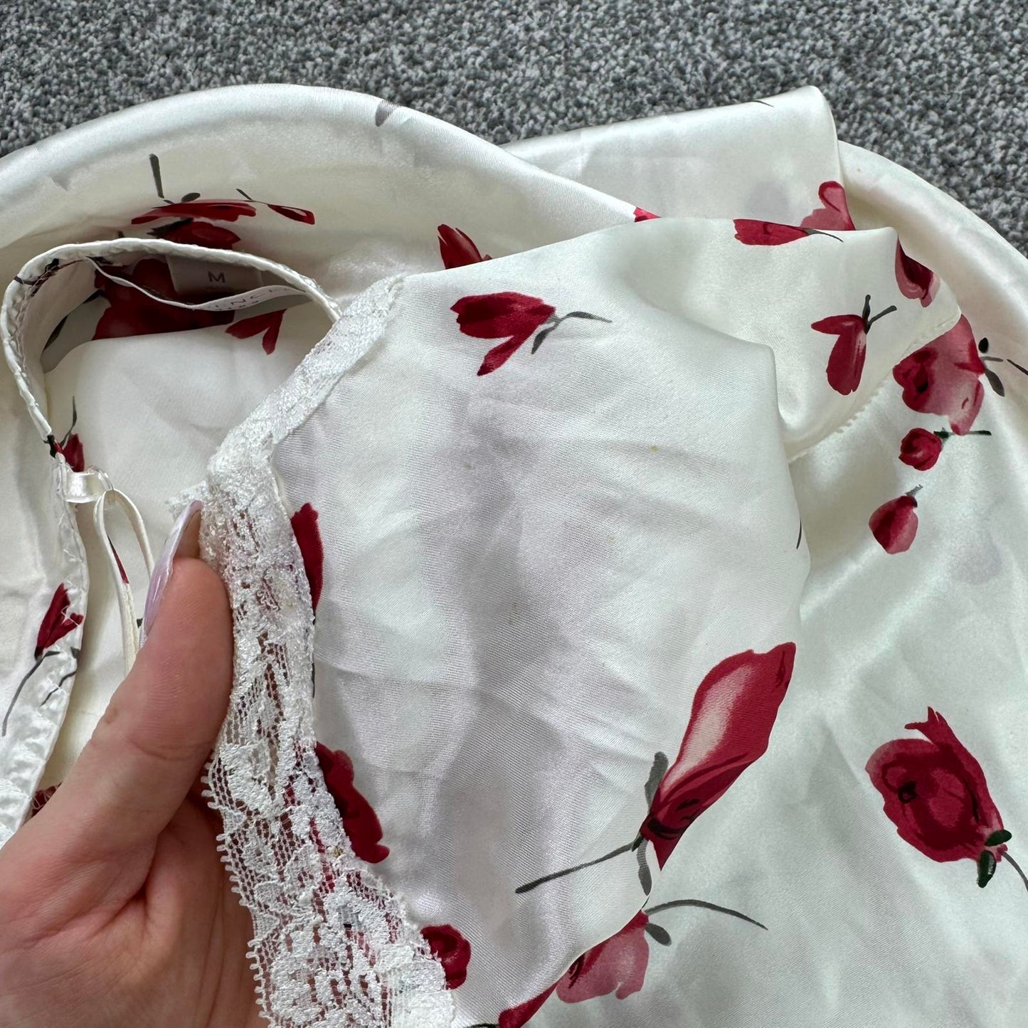 Y2K vintage satin floral rose nightie nightdress mini v neck lace trim chemise