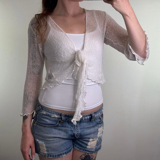 Y2K vintage fine knit shrug cardigan tie front bow 3/4 sleeve sheer cover up