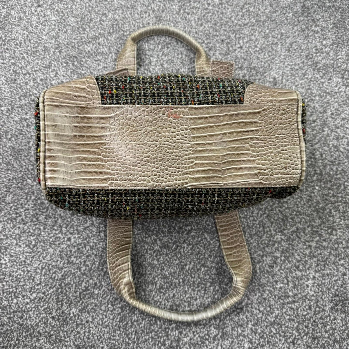 Y2K vintage tweed mini barrel handbag with flower charm grommet buckles croc