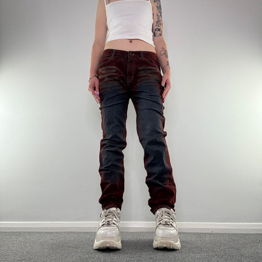 Y2K faded archive denim red suede straight leg mid rise jeans