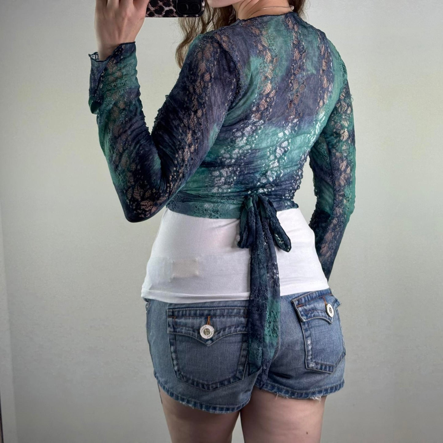 Y2K vintage wrap around cardigan sheer lace blue ombre tie bow adjustable