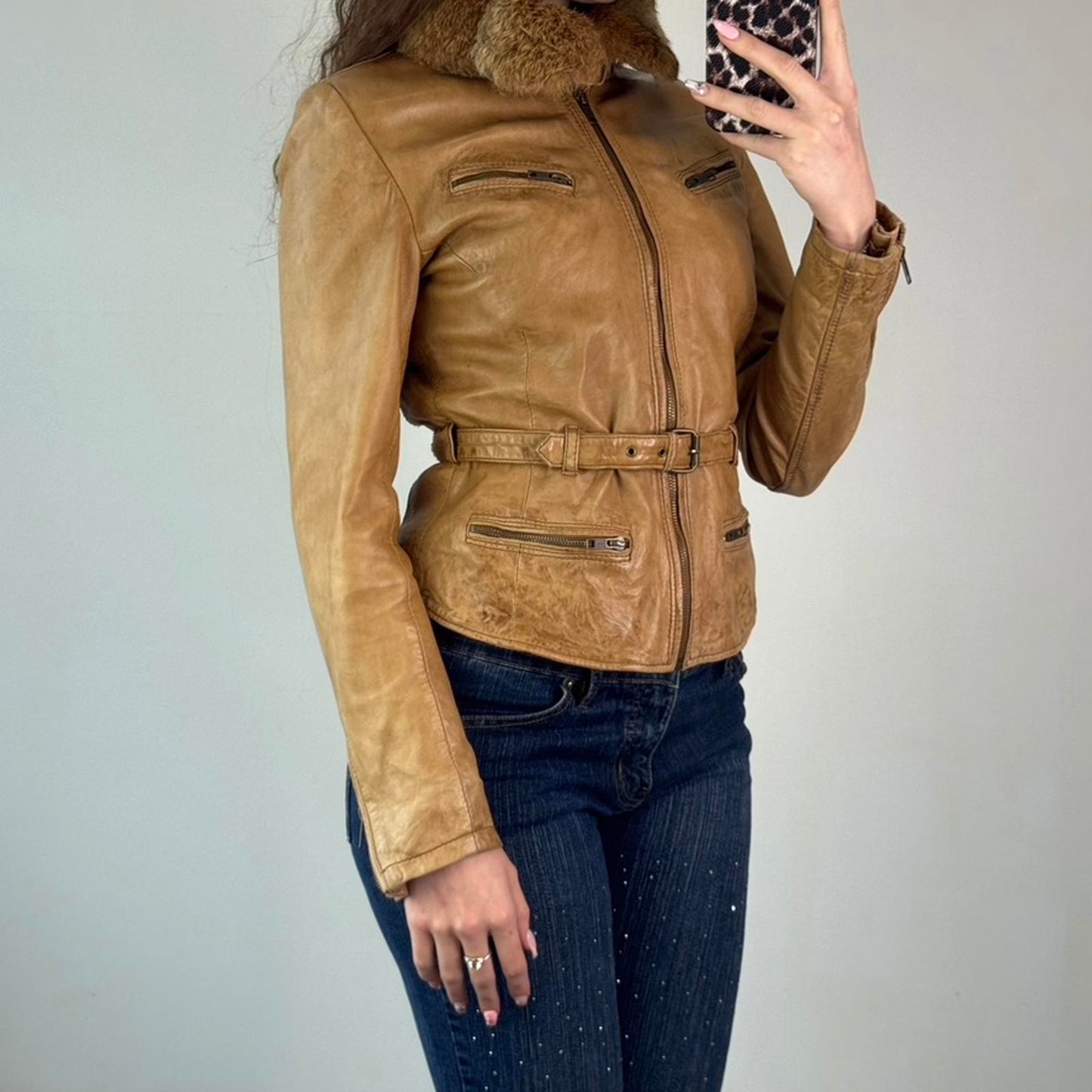 Y2K vintage genuine leather real fur trim collar zip up fitted jacket
