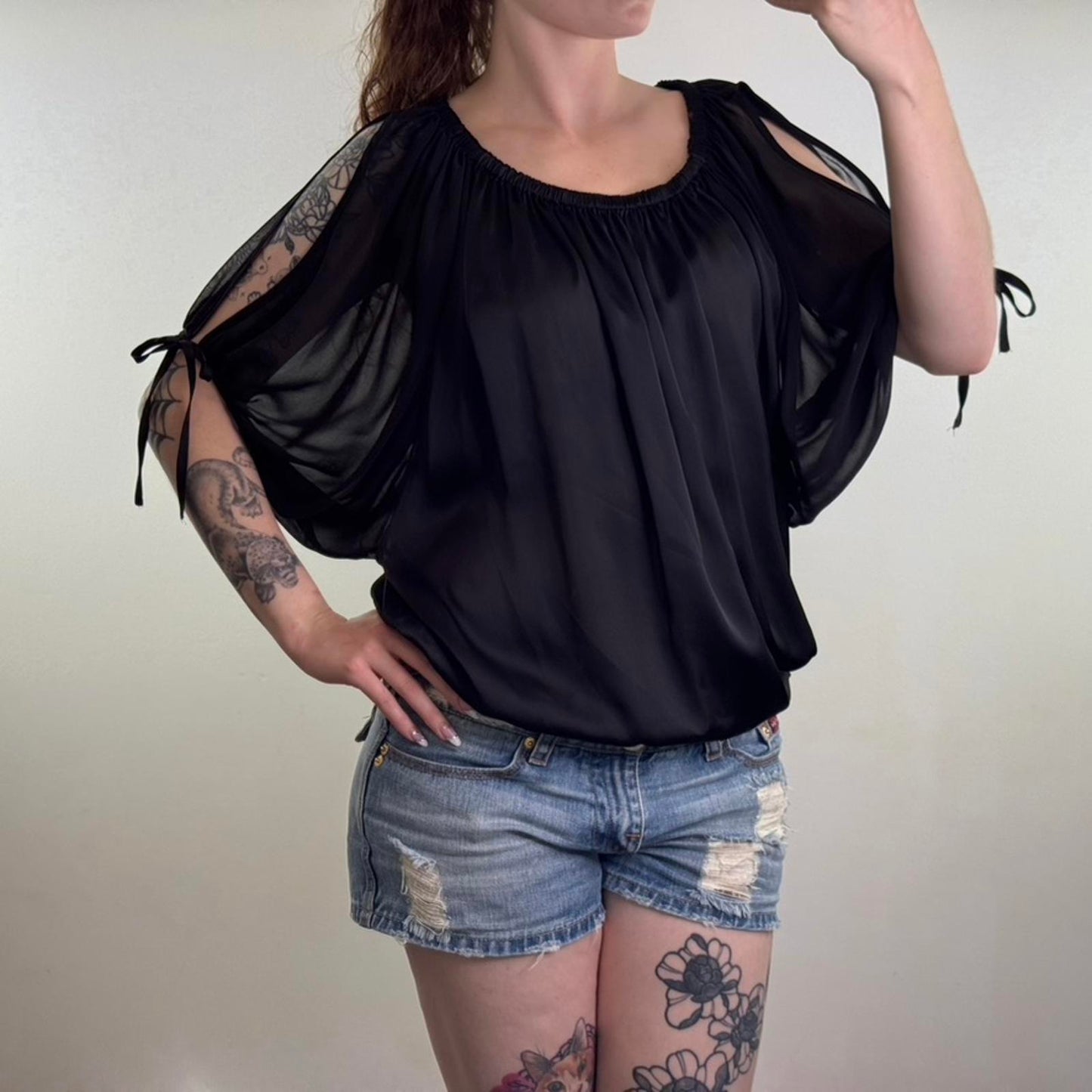 Y2K vintage batwing dolman blouse top elastic waistband sheer bow open shoulder