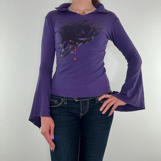 90s Y2K vintage tribal flare long sleeve top gothic alt rose collar