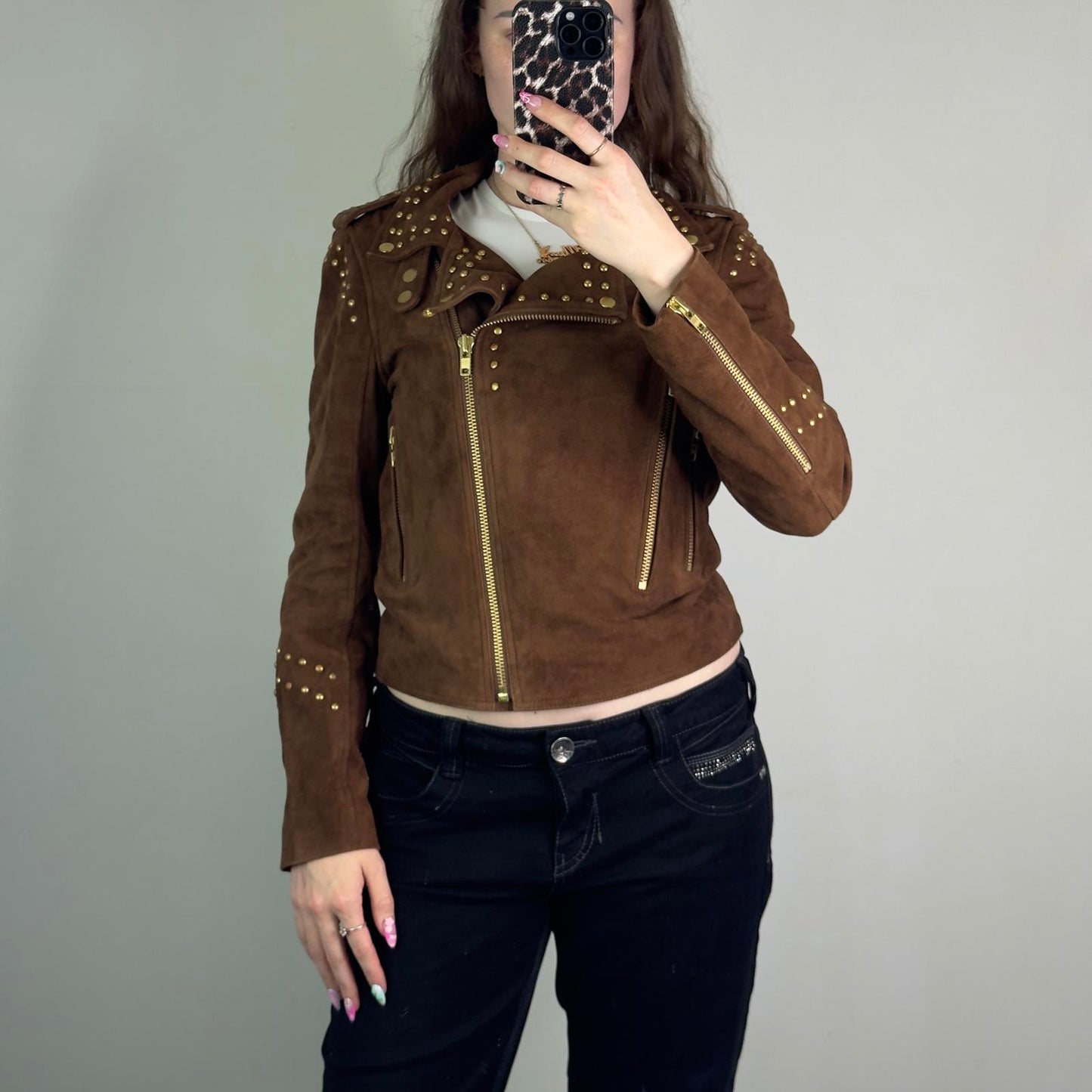 Vintage suede studded asymmetrical zipper jacket biker boho 2010s archive short