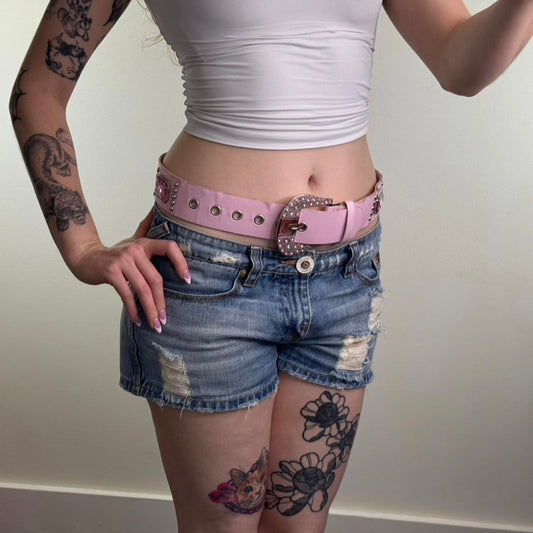 Y2K vintage faux leather chunky belt mcbling rhinestone studded baby pink silver