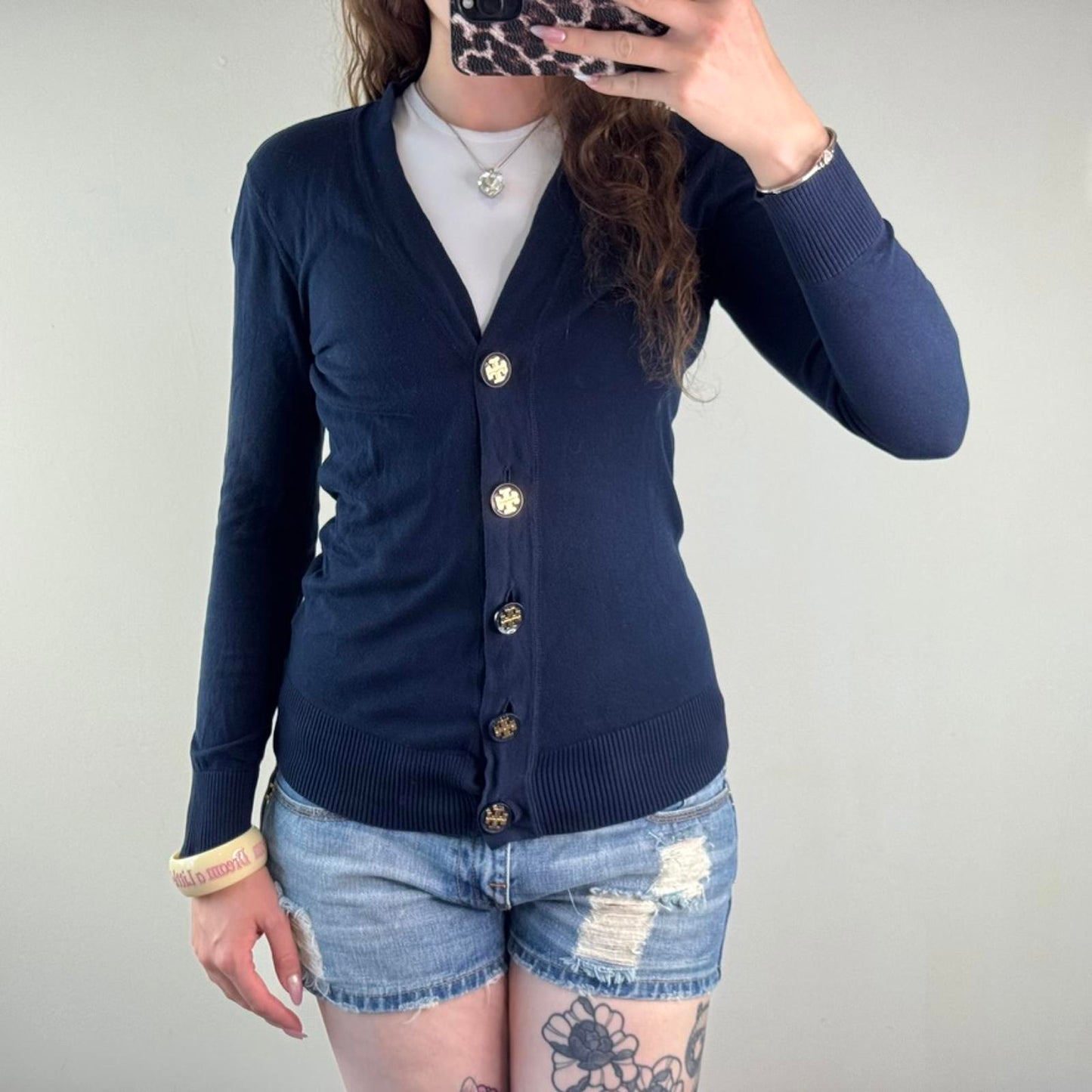 Tory Burch button up cardigan cotton navy v neck long sleeve fine knit