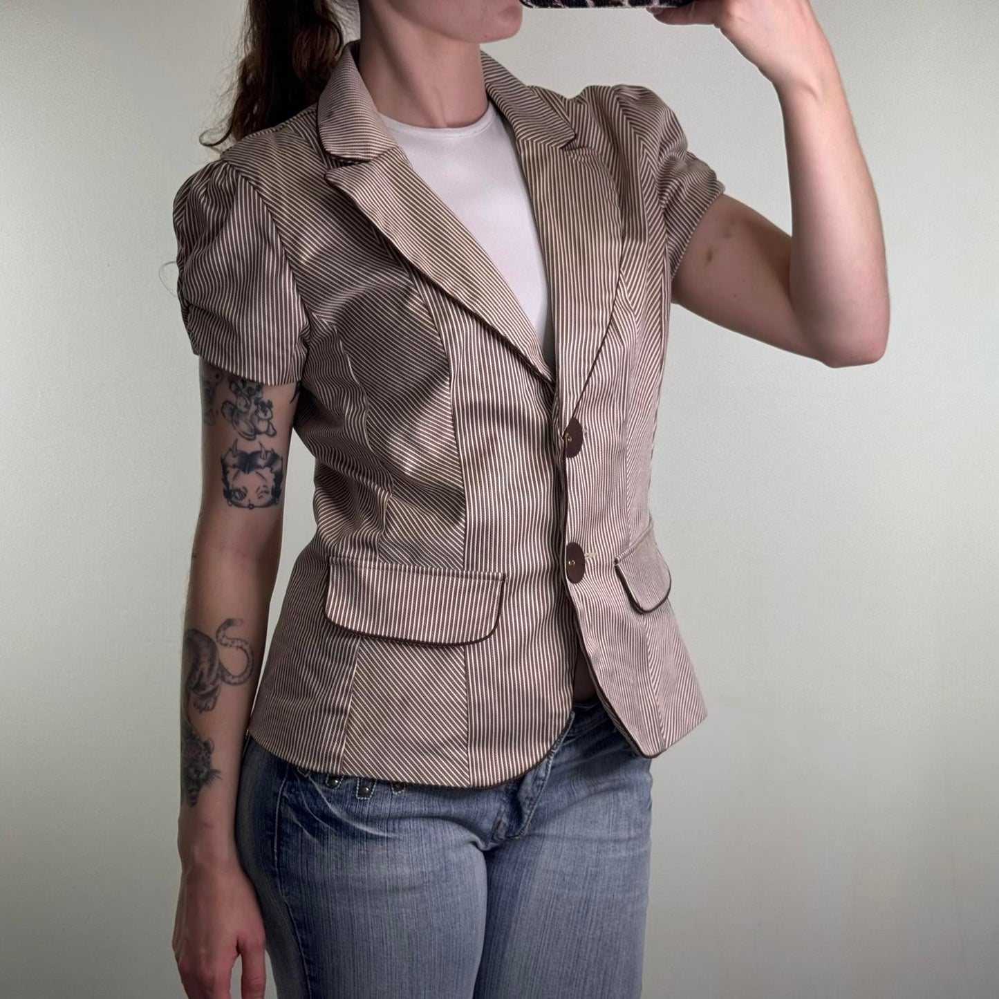 Y2K vintage short sleeve button up blazer pinstripe jacket ruched puff pea coat