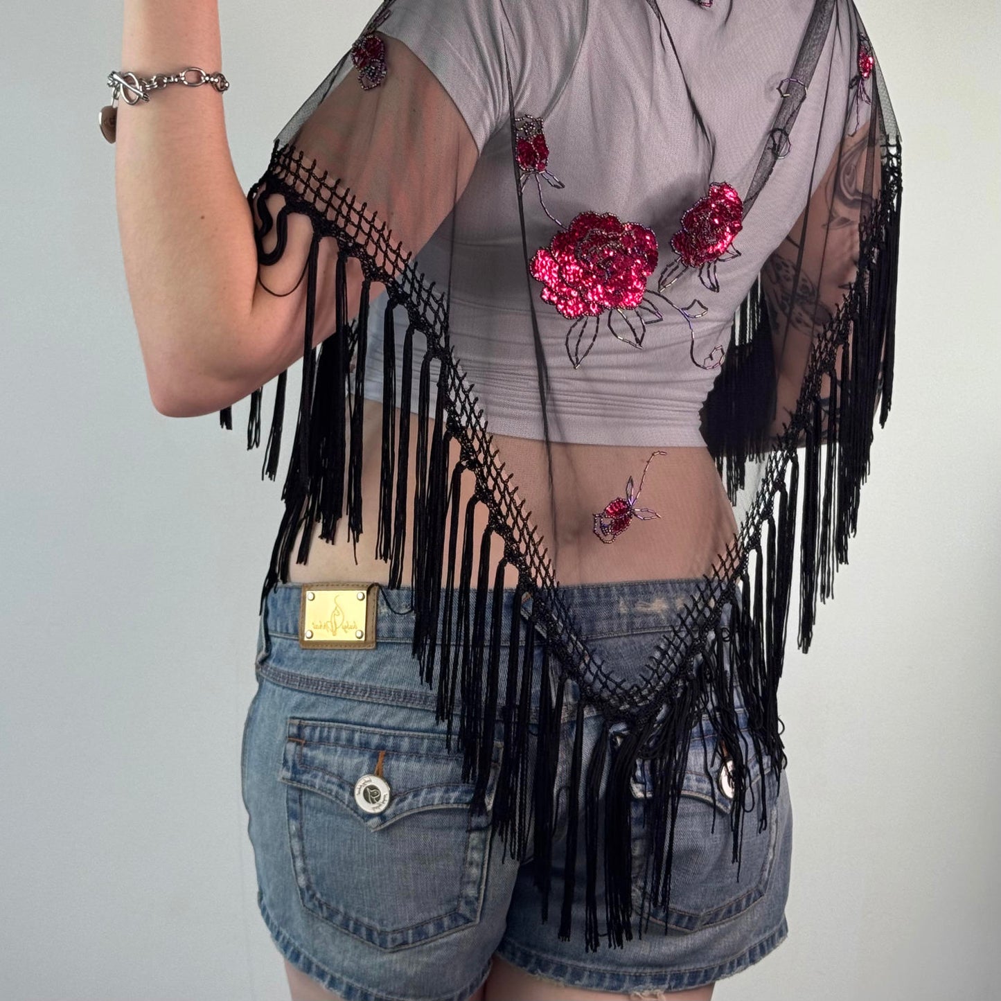 Y2K vintage mesh floral sheer sequin tassel sarong cover up shawl embellished