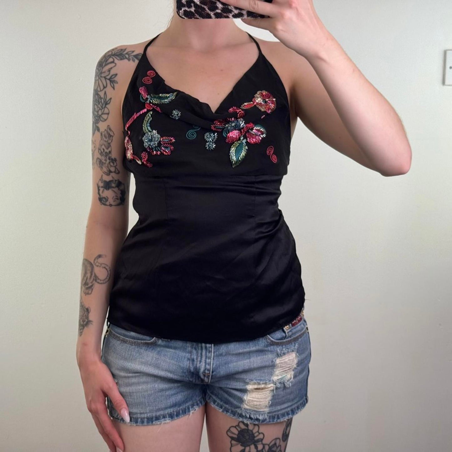 Y2K vintage 100% silk cowl neck top floral beaded halter neck pattern black