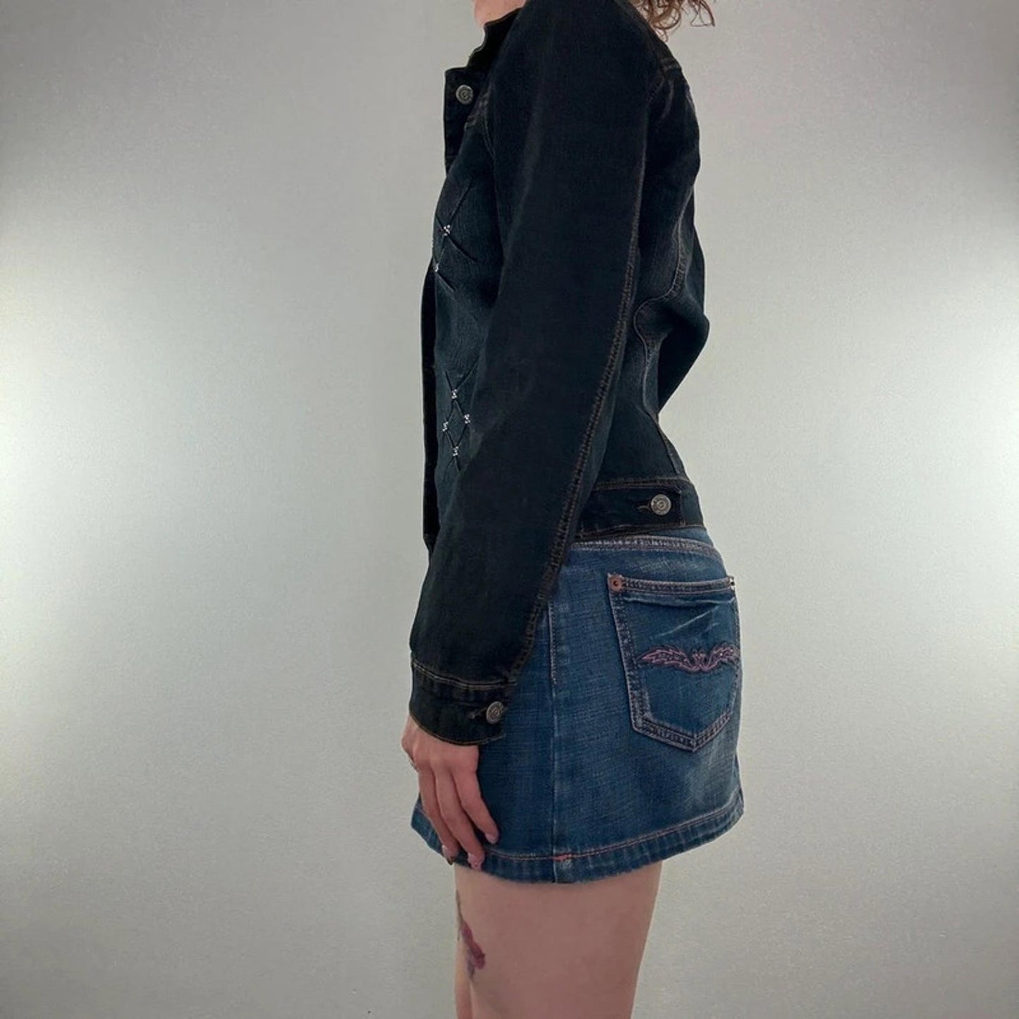 Y2K vintage rhinestone sparkle faded navy denim jacket dark wash button up