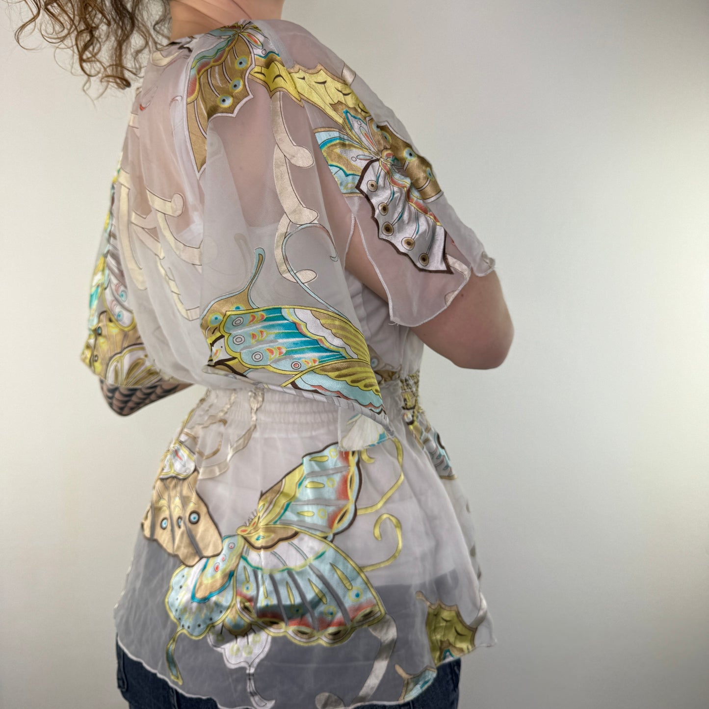 Y2K vintage silk butterfly sheer floaty top blouse