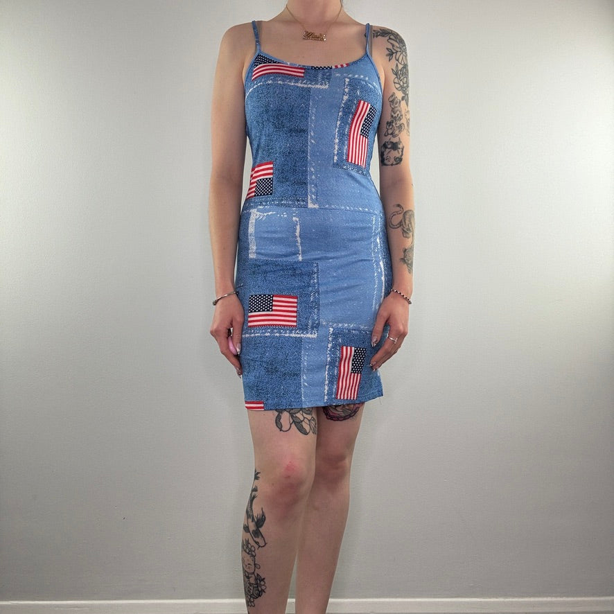 Y2K USA American flag denim mesh lace up mini dress