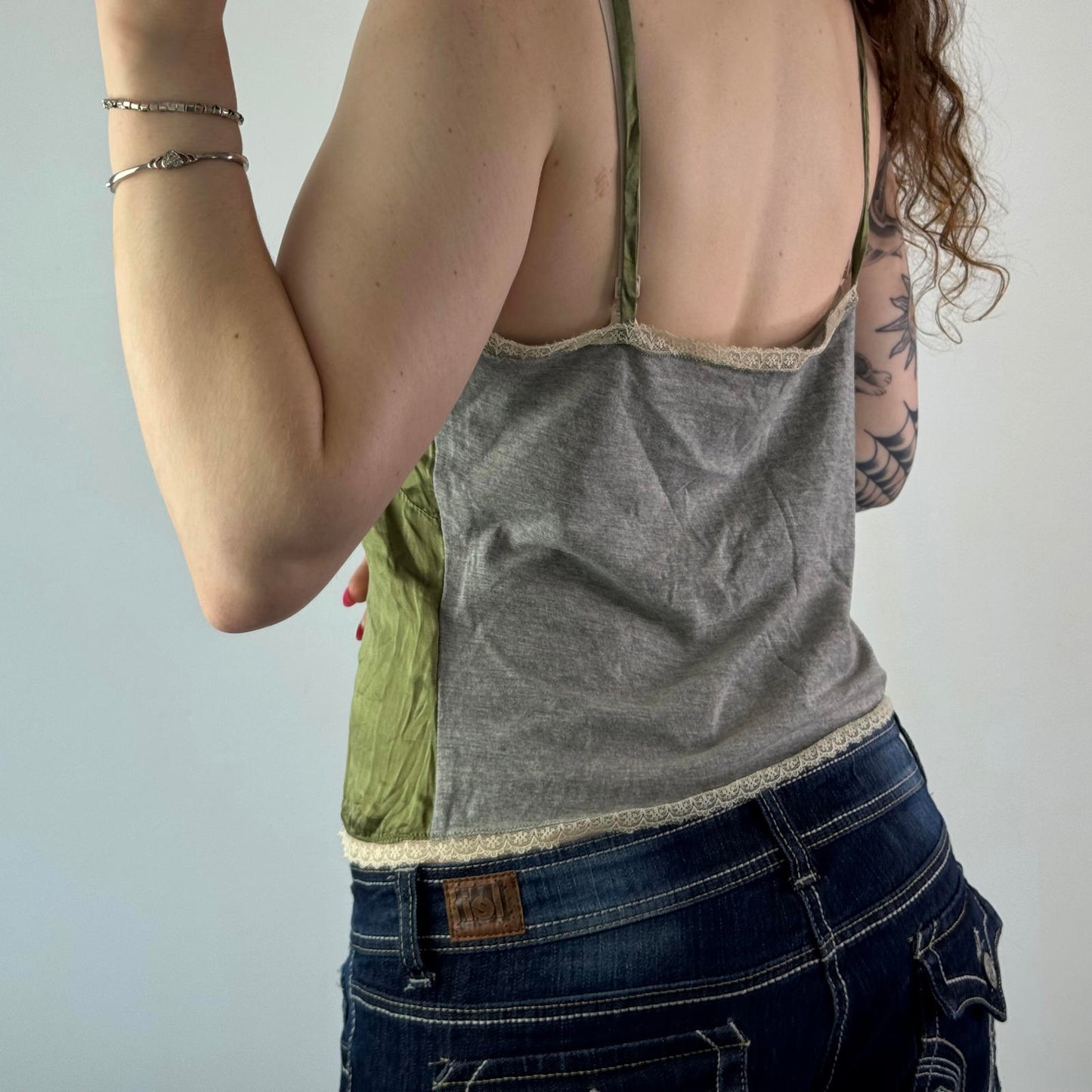 Y2K vintage silk lace trim cotton cami top strappy green cream grey