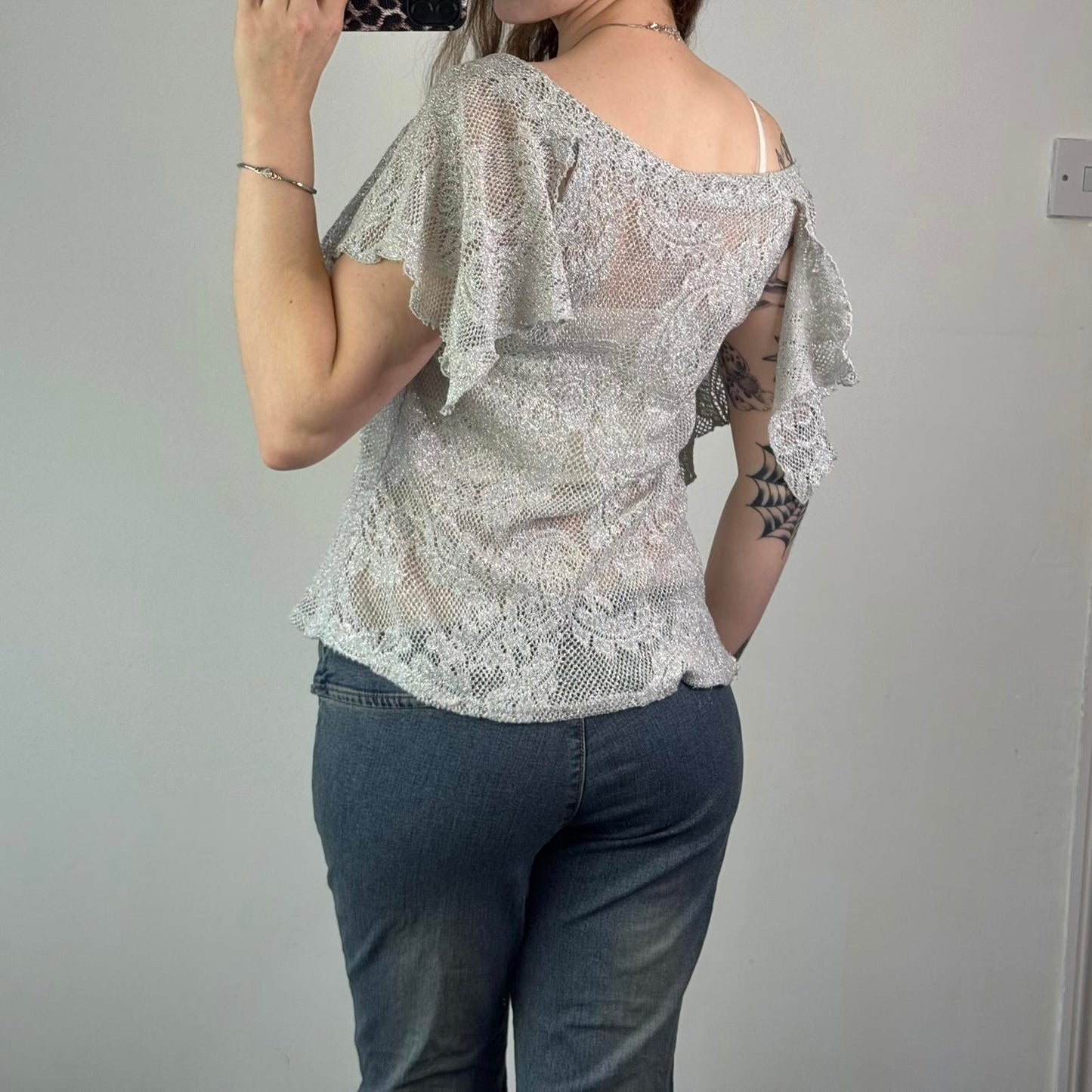 Y2K vintage sparkly knit top flare sleeve sheer low round neck silver frilly