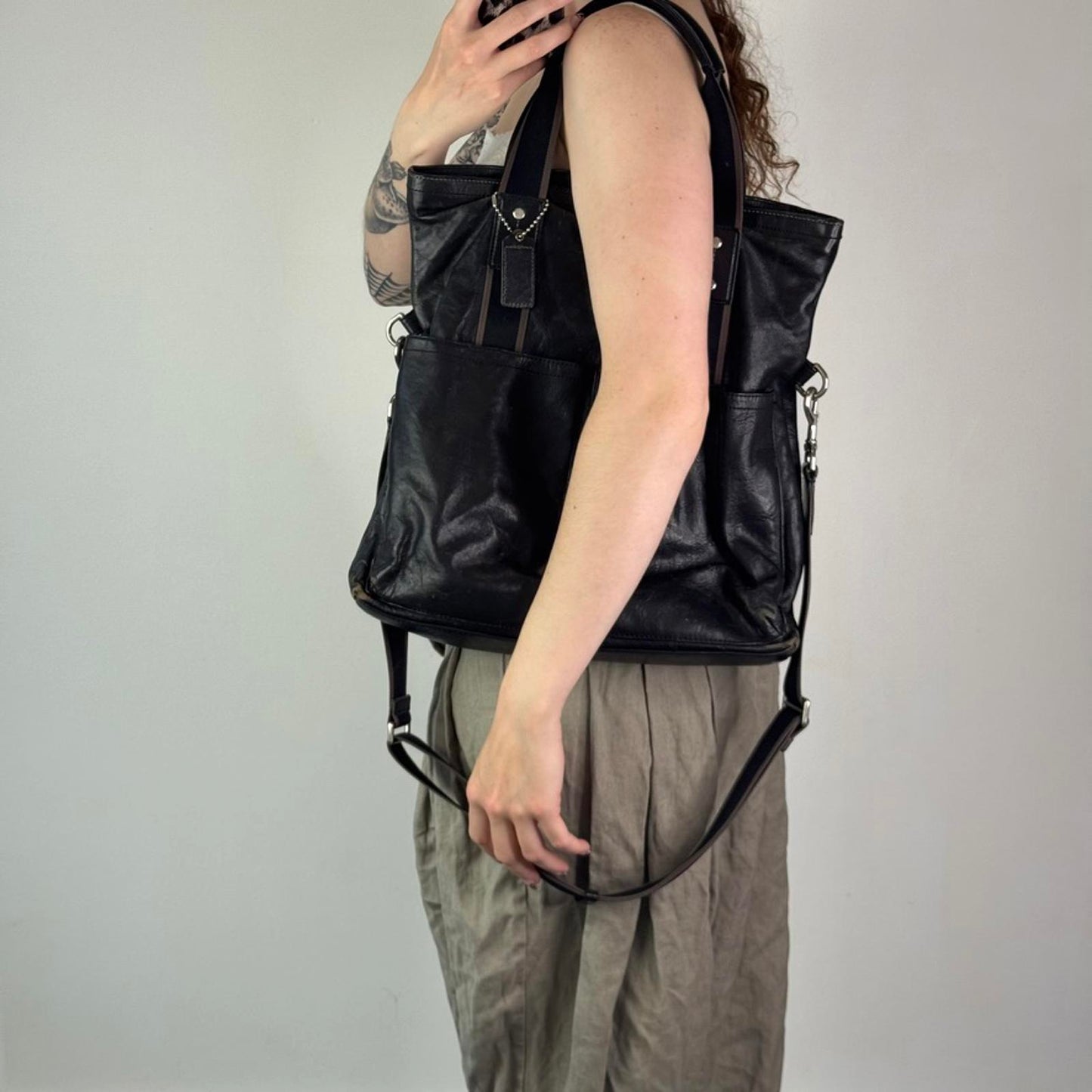 Vintage Coach 2WAY shoulder bag tote bag black leather heritage web leather