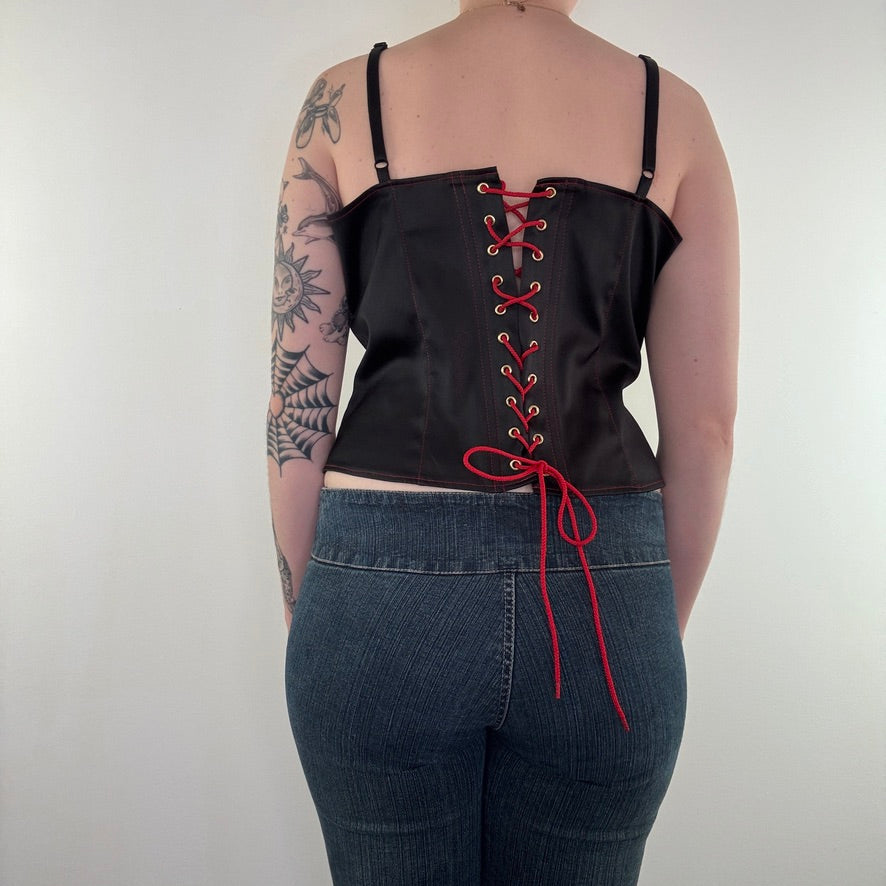 Y2K vintage satin cami embroidered lace up top