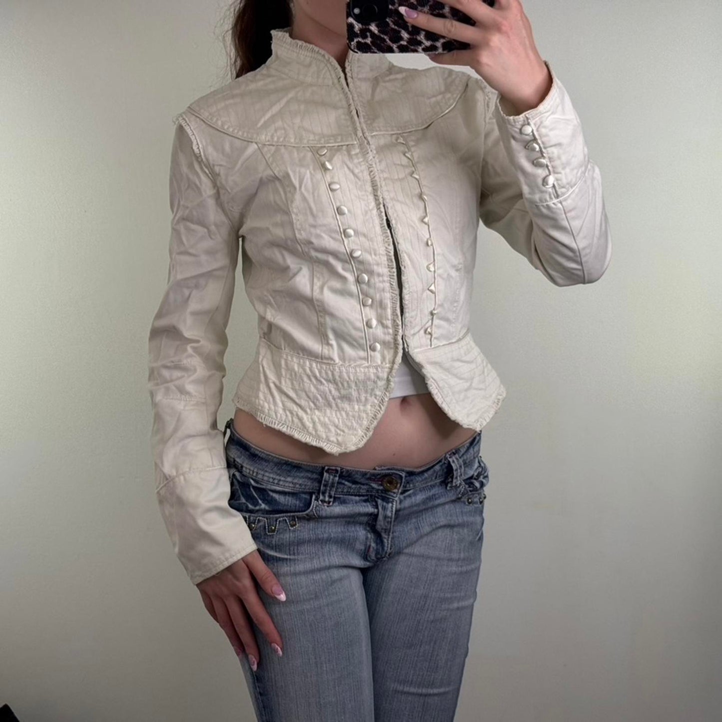 Y2K vintage military denim jacket hook and eye high neck stripe buttons archive