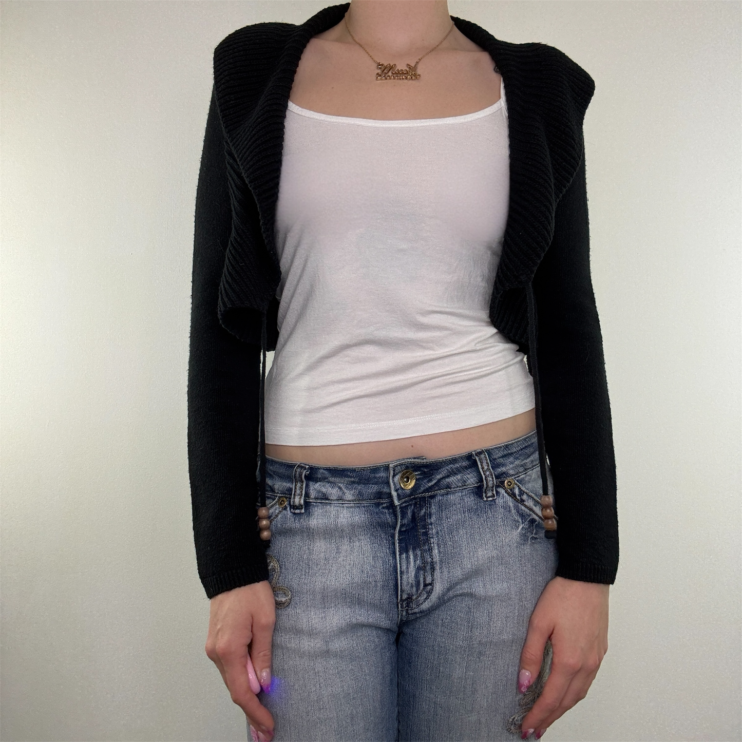 Y2K vintage cropped cardigan knit collared beaded long sleeve tie front bow