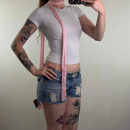 Y2K vintage skinny scarf baby pink fine knit tassel